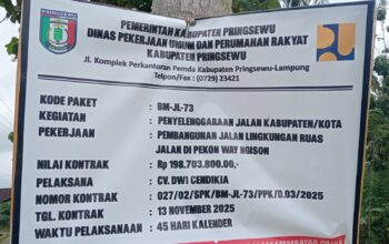 Baru Selesai Dibangun, Jalan Proyek PUPR Pringsewu di Way Ngison Sudah Mengalami Kerusakan.